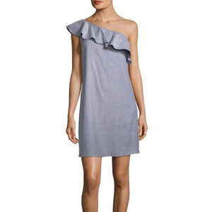 Theory Alexanda One Shoulder Ruffle Dress Light Denim Chambray Sz 8
